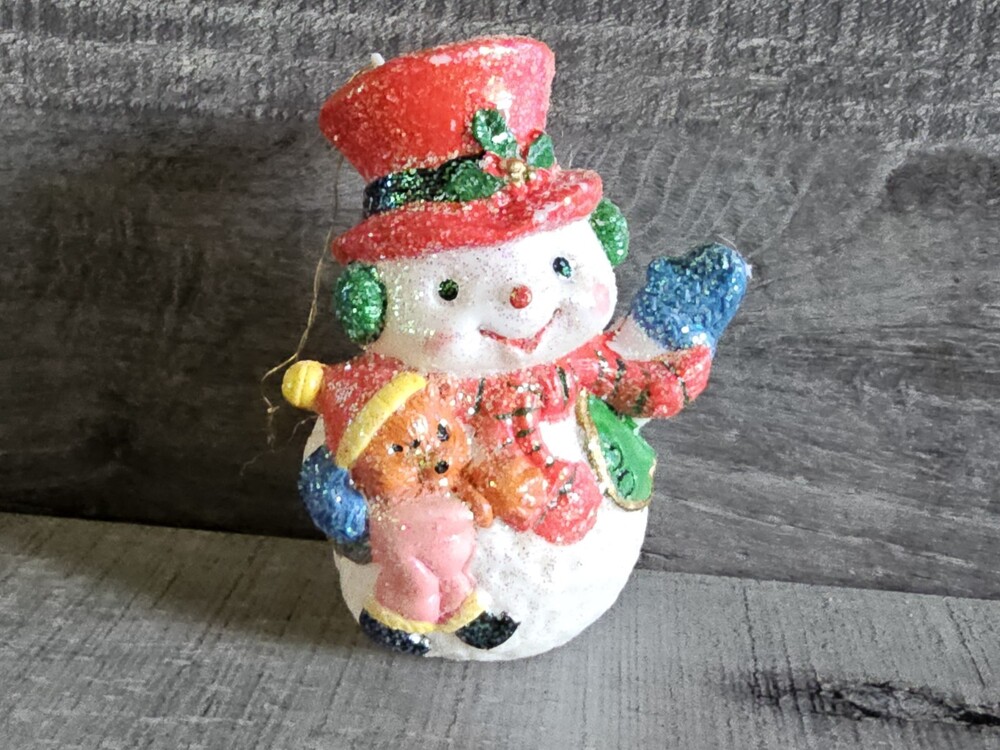Blow Mold Snowman Christmas Ornament 4" Holding Toys Glitter Whimsical G23g